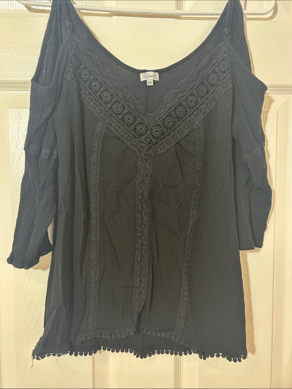 Black Cold-Shoulder Crochet-Trim Top